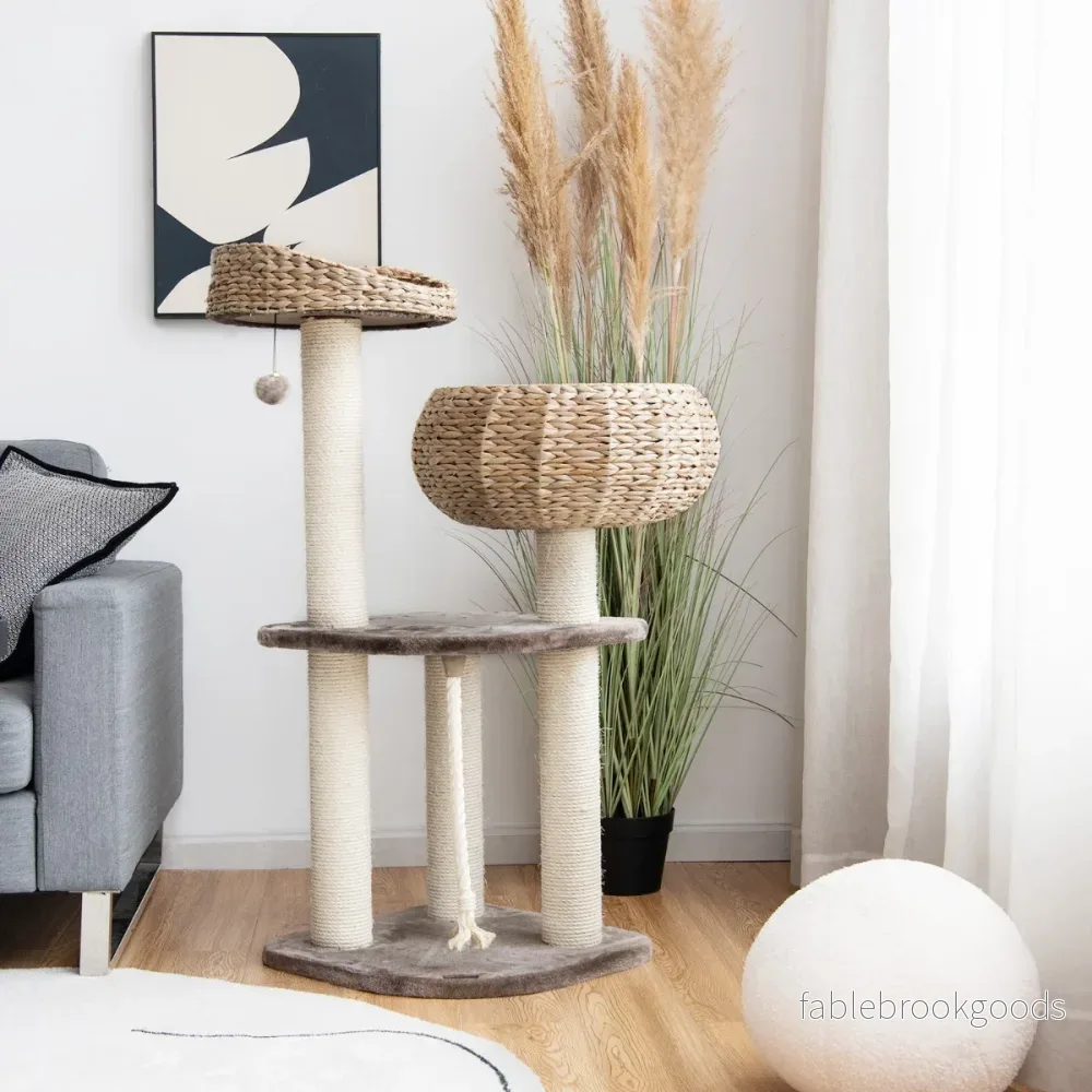 Träkattträd – med sängar och leksaksboll rep sisallindade pelare – 104 cm – Brun - Bild 3