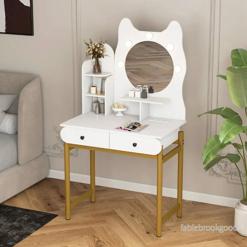 Sminkbord – i Kattform med Spegel och Belysning Låda Frisörbord – Vit - Bild 3