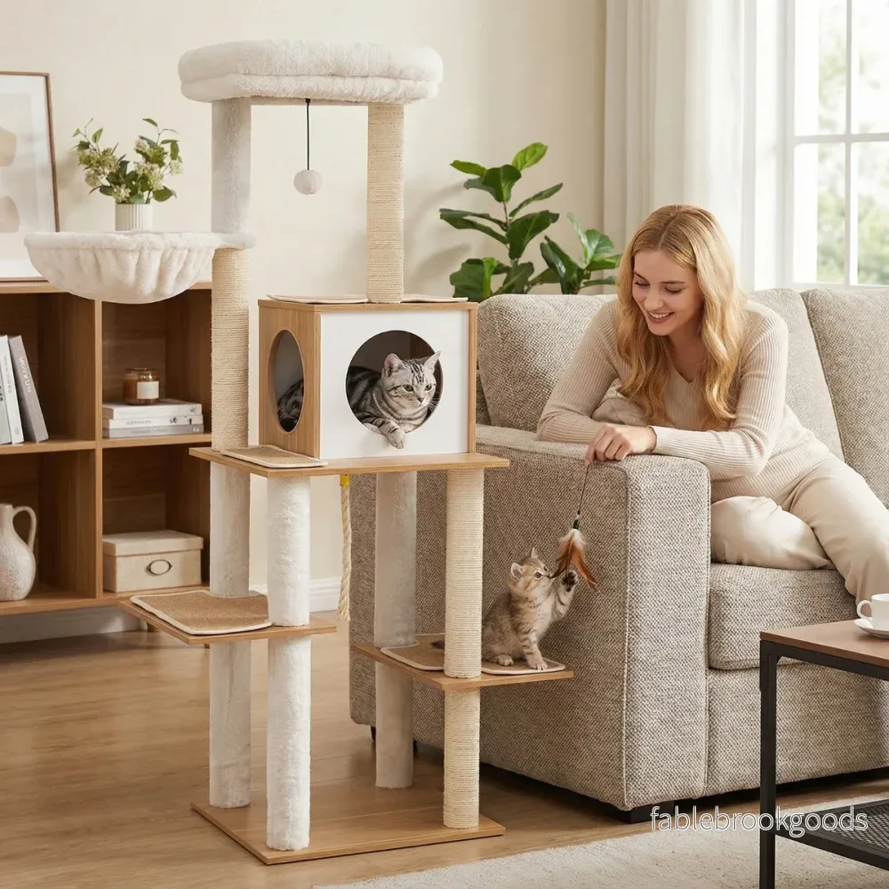 Hög – Modern Klösställ med Sisal Klöstolpe och Hus Korg Kattställ – 148 cm – Natur - Bild 2