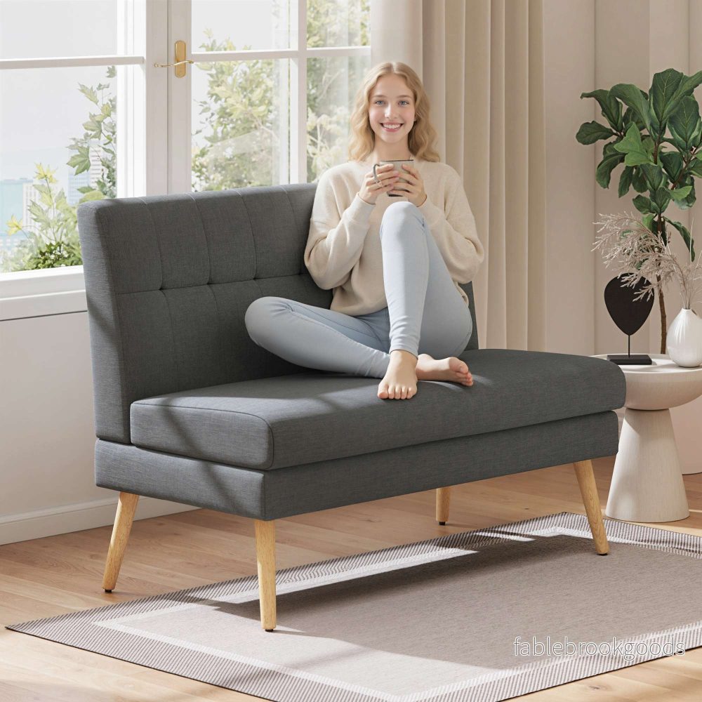 2-sitssoffa, tuftad rygg, träben, linne-look, grå - Bild 2