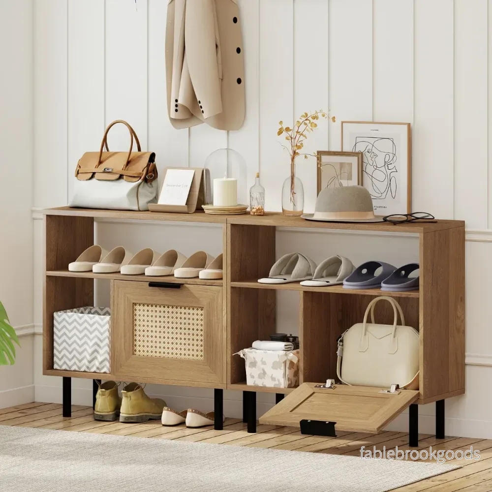 Boho – Rottan Nattduksbord Accent Sidobord med Förvaringsfack Skåp och Metallben Rustikal – Natur - Bild 3