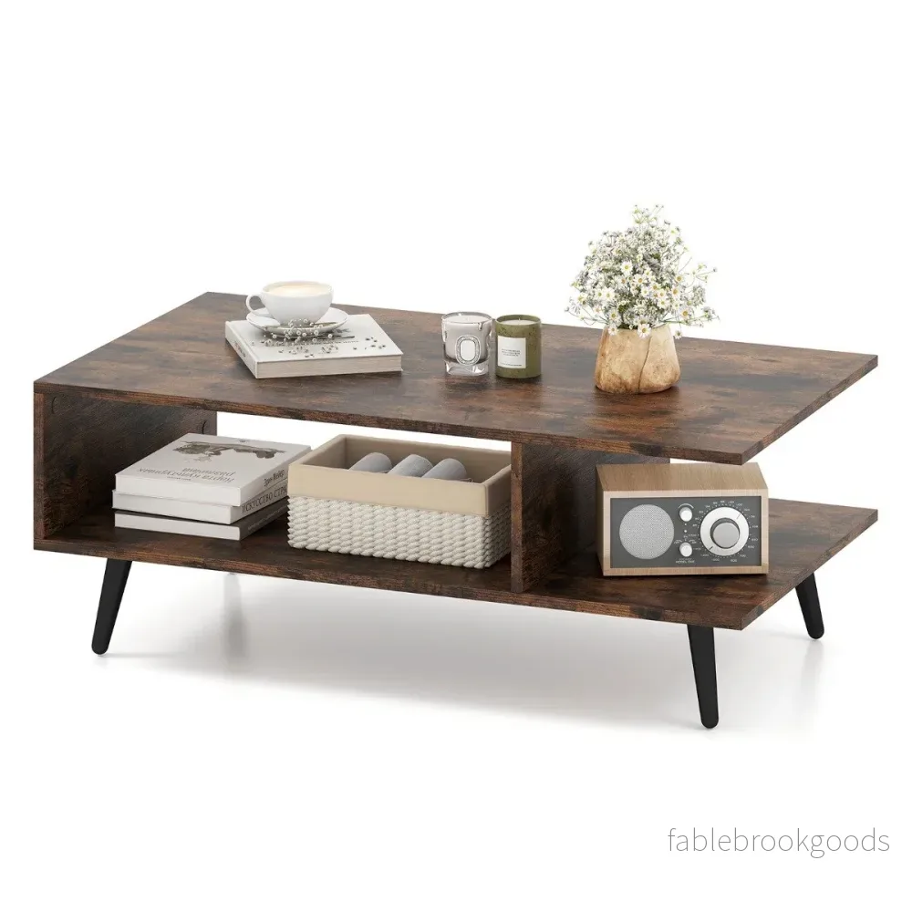 Soffbord – med förvaring nivå vardagsrumsbord öppen hylla och metallben Sido i trä – 2 80 x 45 x 30 cm – Brun