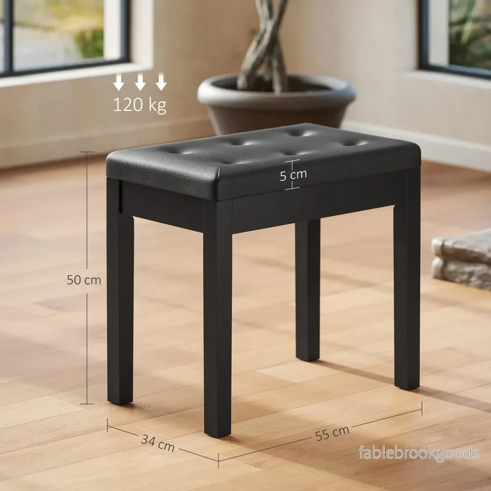 Pianobänk, fodral i konstläder, quiltade knappar, förvaringsutrymme, träben, svart - Bild 3