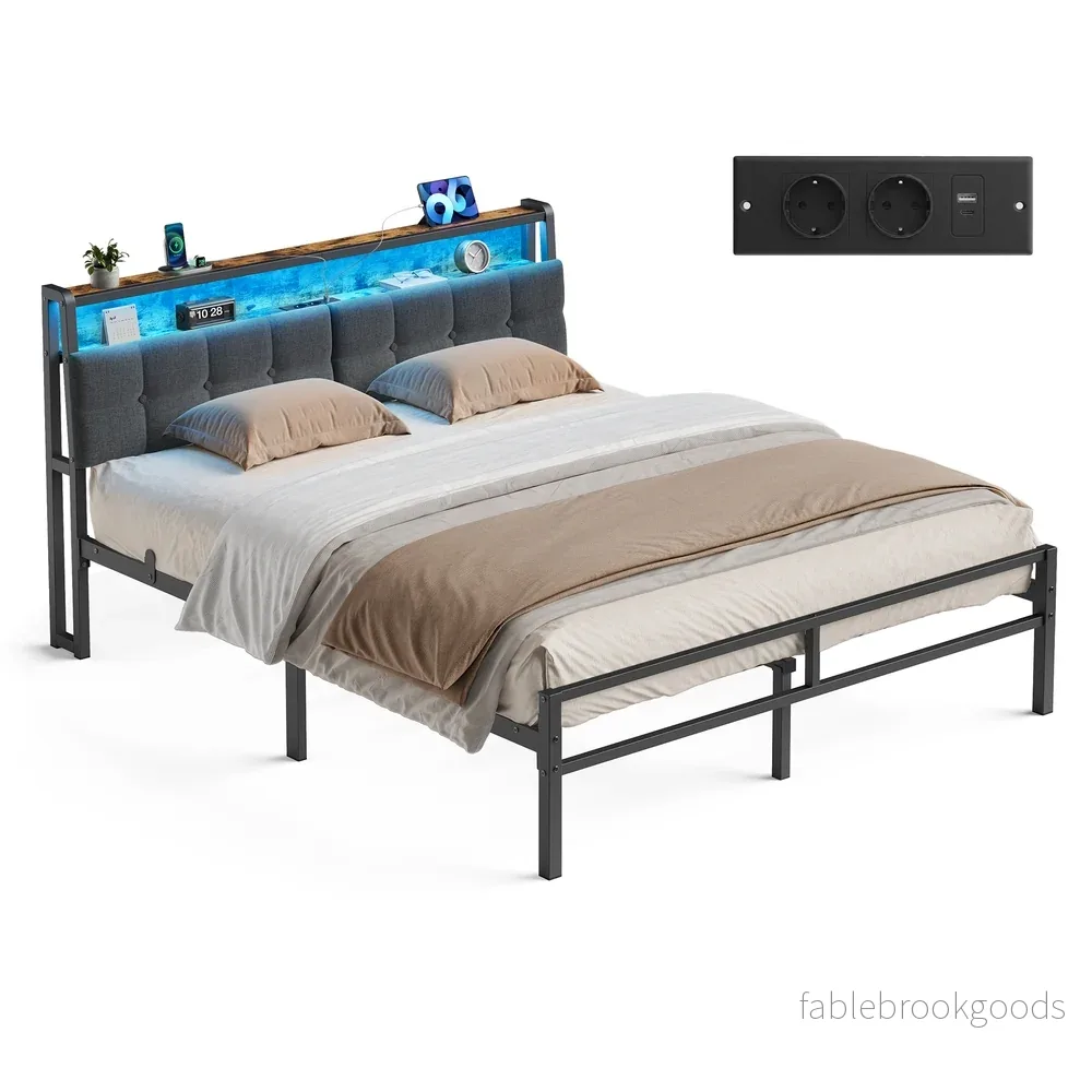 Metalen Bed – 160 x 200 cm – Met Opbergruimte – Ledverlichting – Matzwart Metalen Bed – 160 x 200 cm – Met Opbergruimte – Ledverlichting – Matzwart