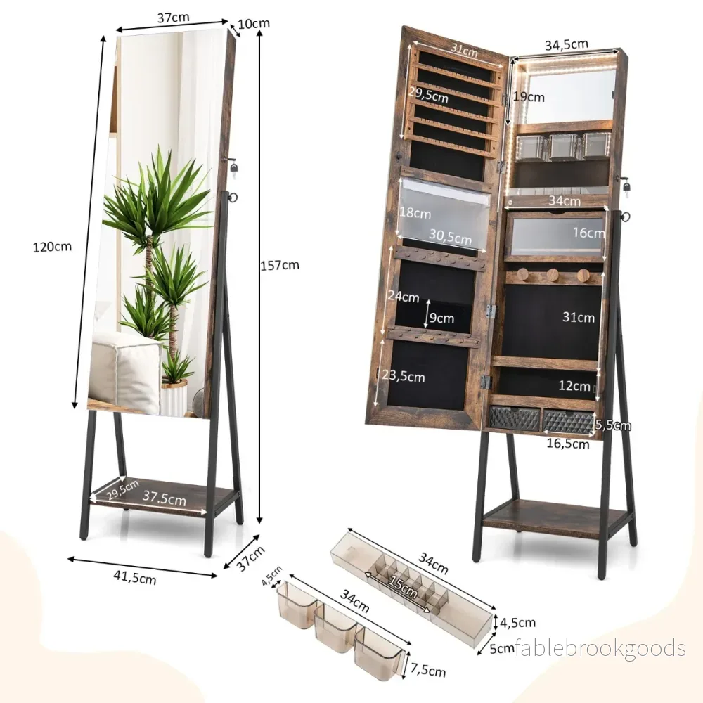 Smyckesskåp – med spegel och färgad LED belysning – 3 41,5 x 37 x 157 cm – Rustik brun - Bild 2