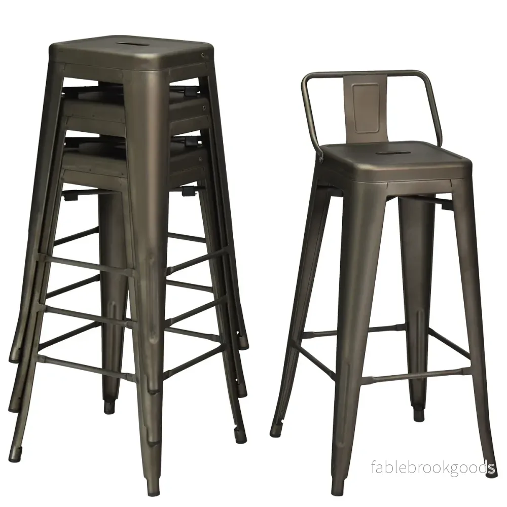 Set – med vintage barstolar gjorda av gunmetall ryggstöd Stapelbara matsalsstolar – 4 – Gammal färg
