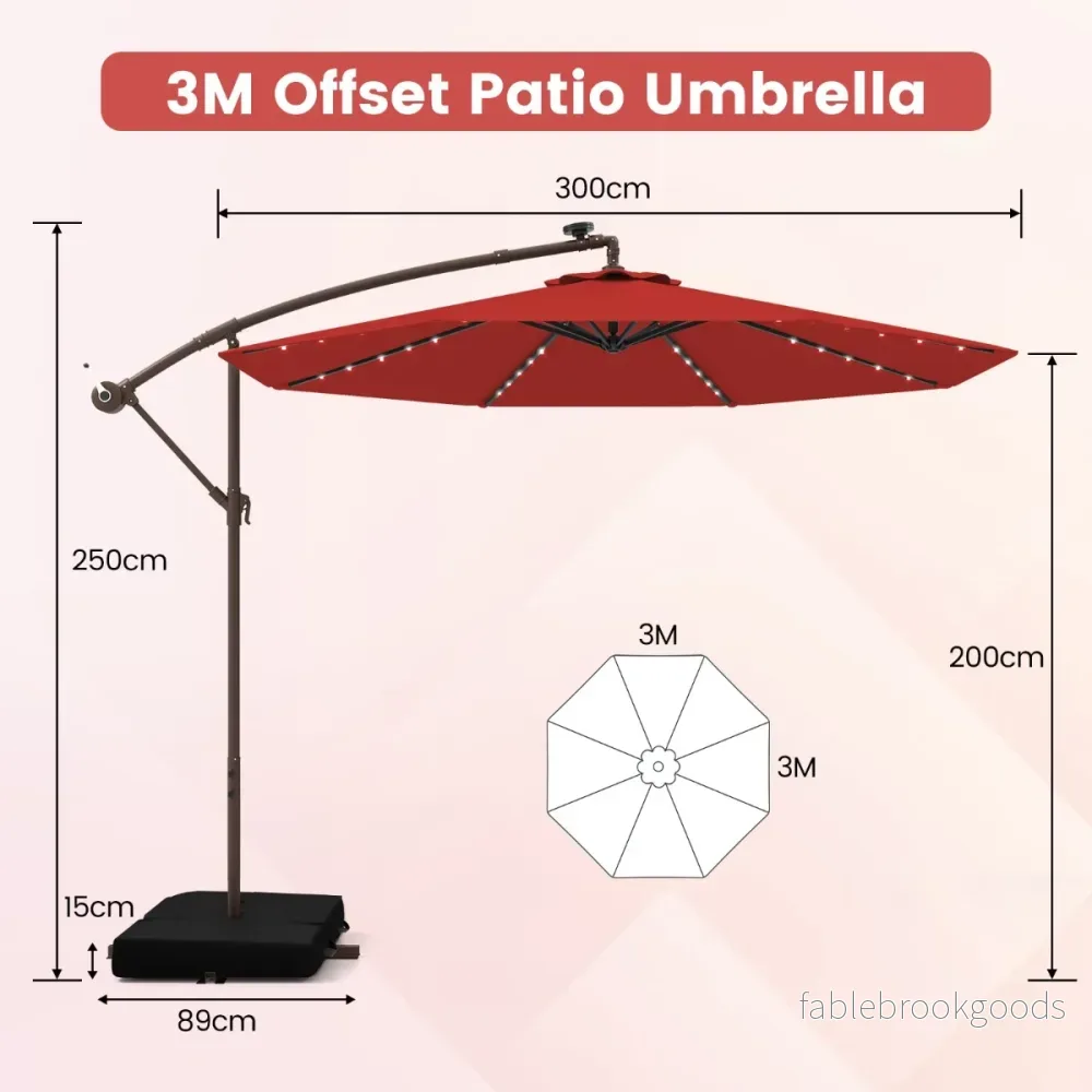 Fribärande – parasoll med solar LED lampor och sandsäckar vev UV skydd – 40 Ø 300 cm – Röd - Bild 2
