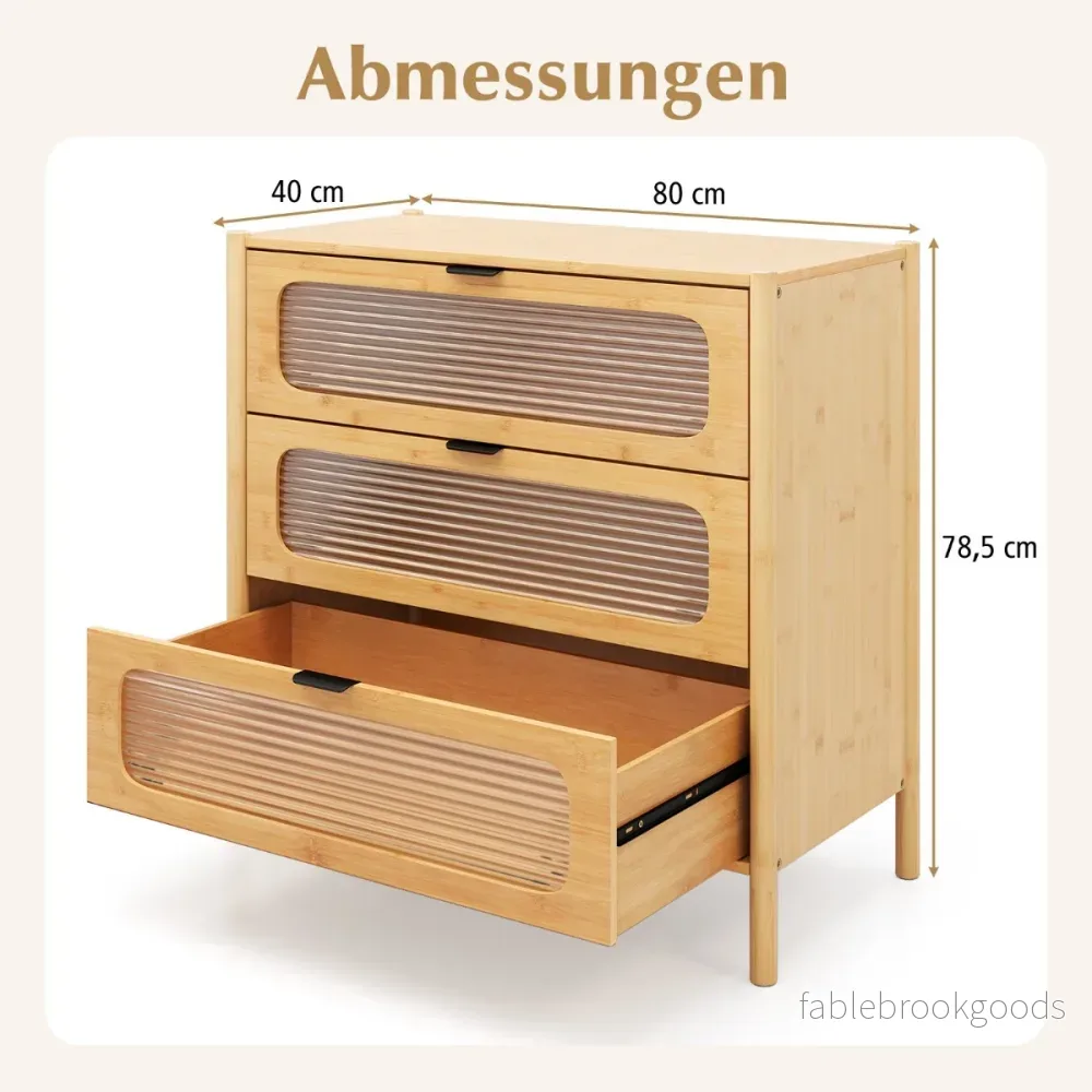 Kommodeskåp – med lådor, sidobord i bambu och härdat glas, – 3 80 x 40 x 78,5 cm – Natur - Bild 2