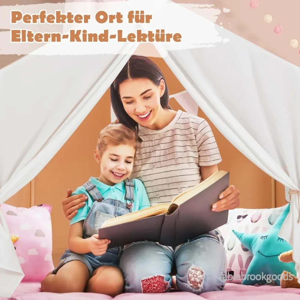 Barntält – med tvättbar bomullsmatta och flaggbanderoll lektält fönster – 131 x 91 x 131 cm – Ljusbrun - Bild 2