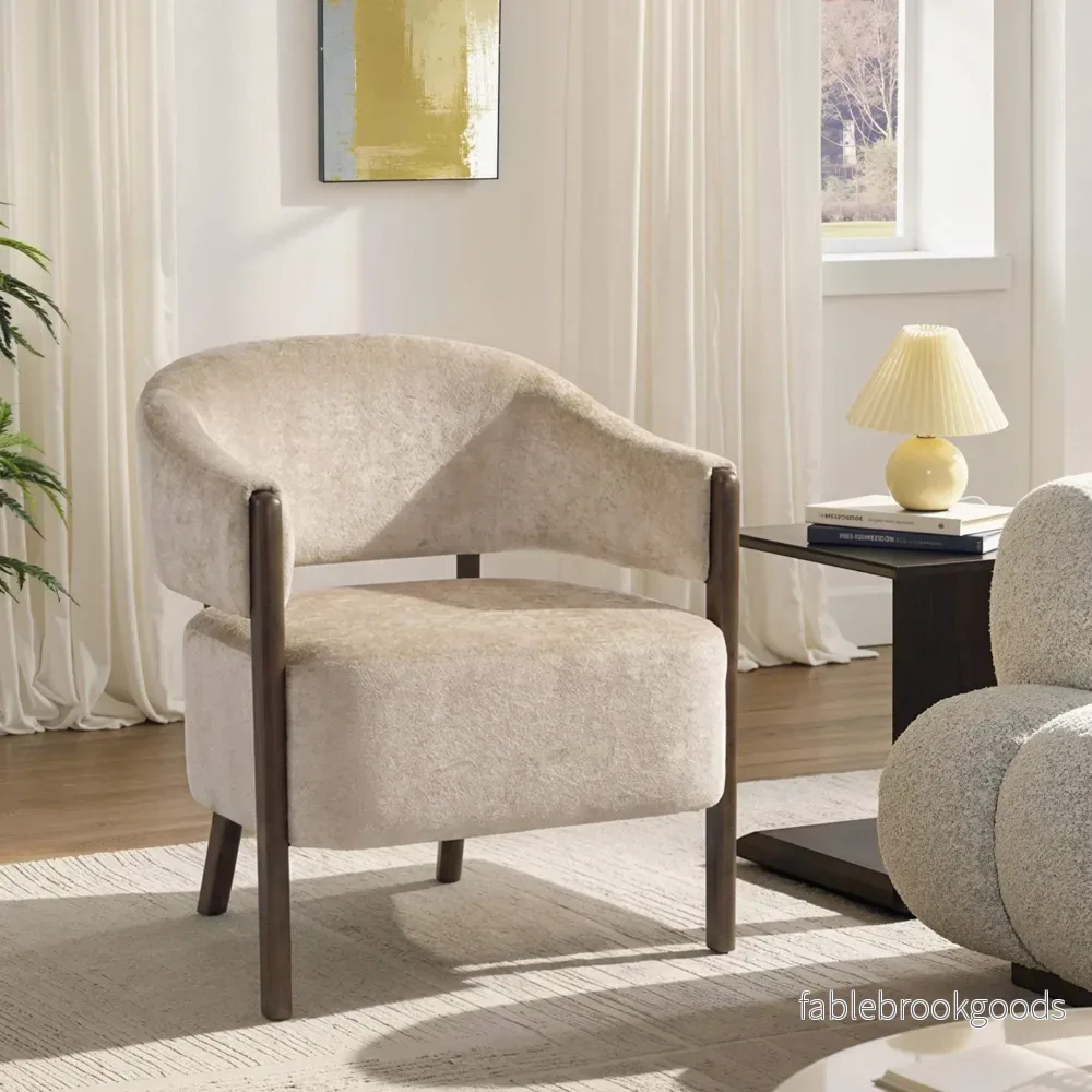 Chenillefåtölj med massivt träram, beige - Bild 2