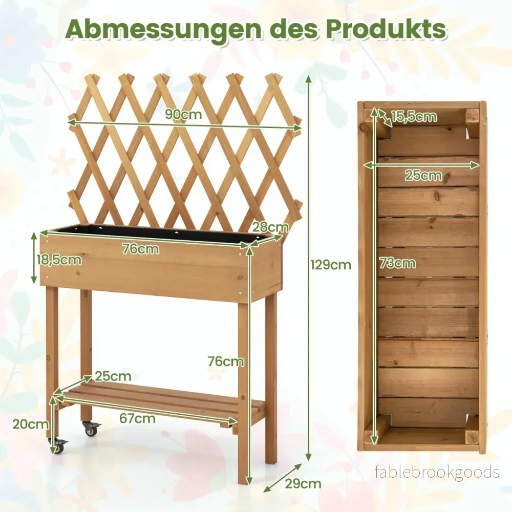 Upphöjd – bädd på hjul med hylla och spaljé tygfoder rabatt – 90 x 29 x 129 cm – Natur - Bild 2