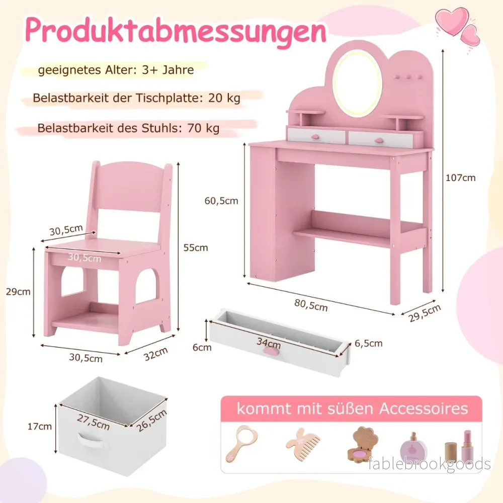 Barnsminkbord – med belysning Prinsessans frisörbord och stolsset lådor – 2 – Rosa - Bild 2
