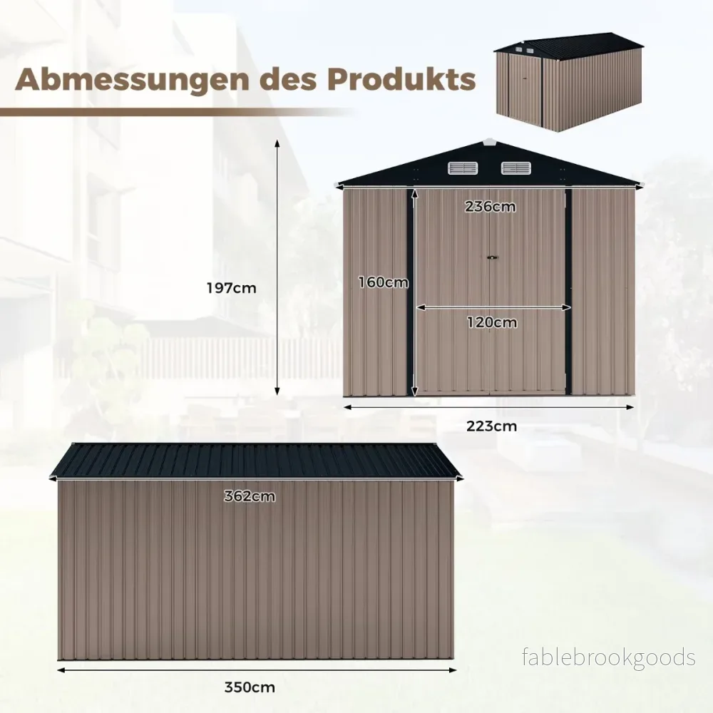 Utrustningshus – Metall redskapsbod med lutande tak, låsbara dörrar och nycklar – 350 x 223 x 197 cm – Grå - Bild 2