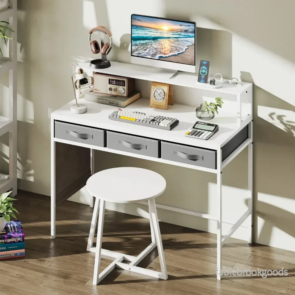 Datorbord – med Utgångar Sminkbord och Pall Set Monitorsupport – Vit - Bild 3