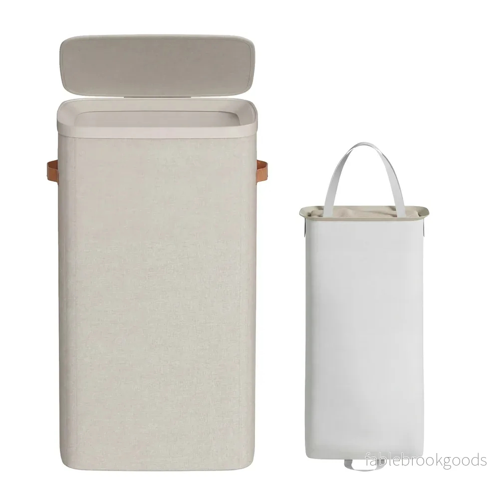 Wasmand - 65 liter - 39 x 22 x 75 cm - met deksel en handvatten - beige - maximaal 10 kg - Bild 2