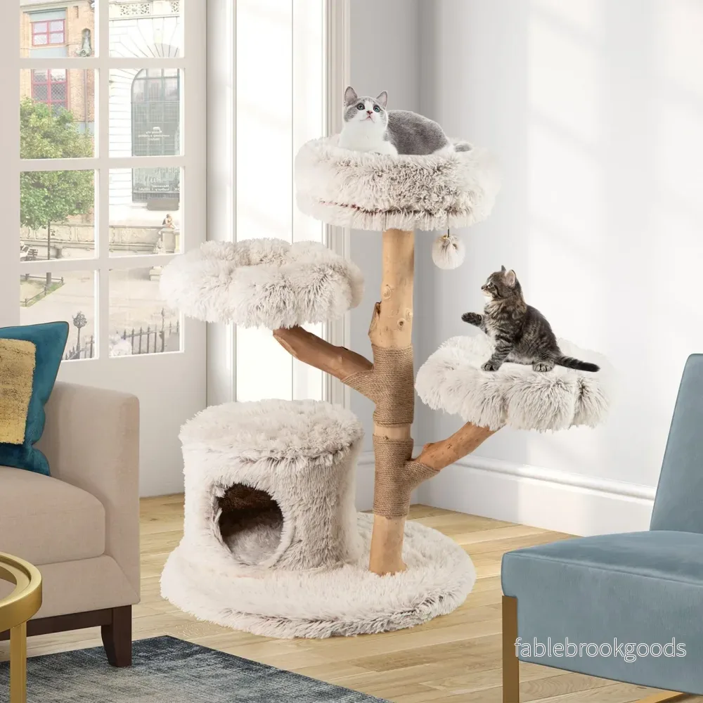 Hög – Modern Klösträd med Äkta Trästam och Hängande Boll Klättertorn för Katter – 102 cm – Vit - Bild 3