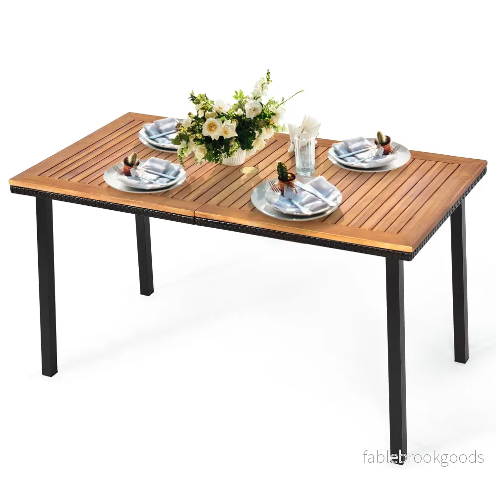 Trädgårdsbord – Matbord med paraplyhål Träbord Uteplatsbord Acaciaträ Naturlig – 140 x 75 x 76 cm – Natur - Bild 3