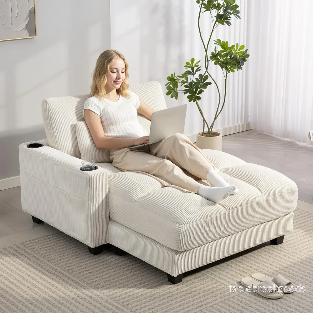Konvertibel bäddsoffa med kuddar, mugghållare, krämvit - Bild 2