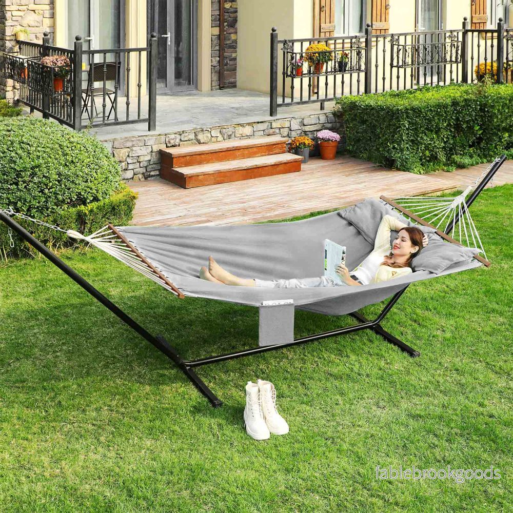Hangmat - 210 x 150 cm - Met Houten Spreidstok - Met Kussens - Grijs - Bild 2