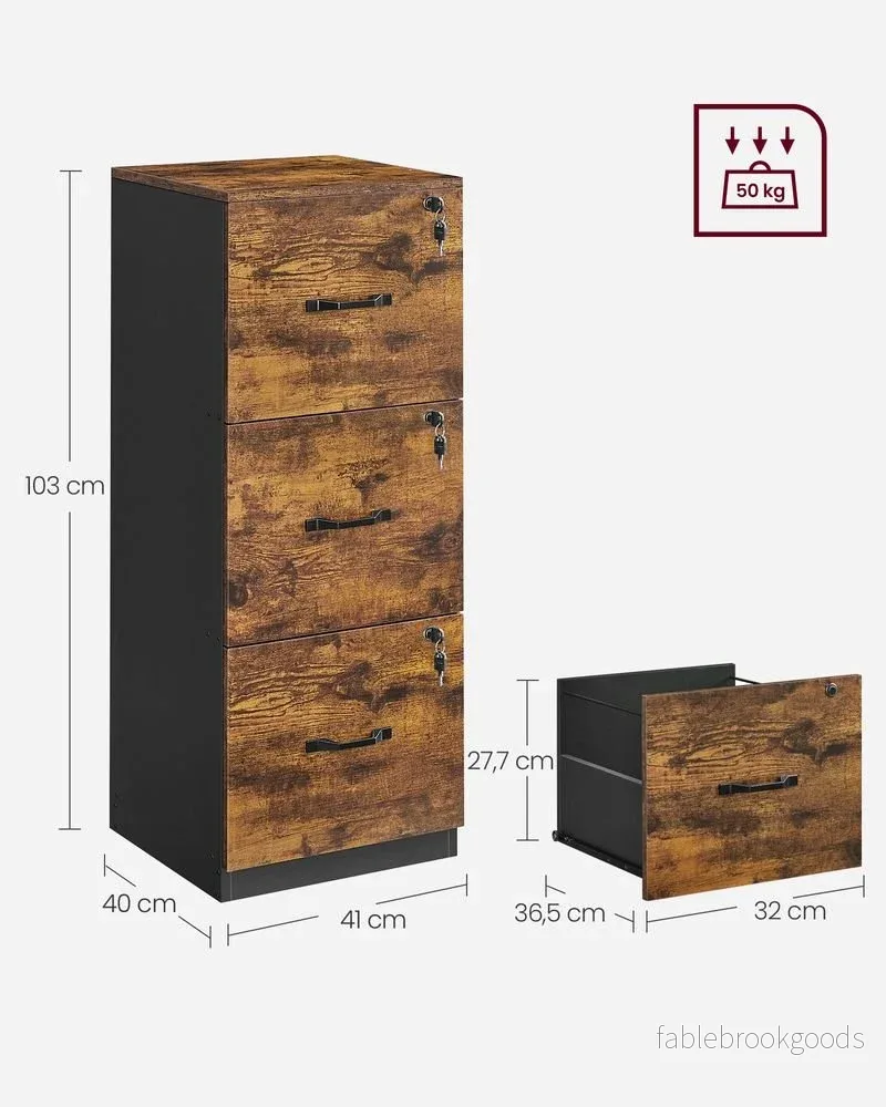 Arkivskåp – 3 låsbara lådor – Trä – Vintage brun-svart - Bild 3