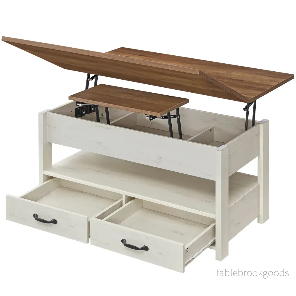 Salontafel – In Hoogte Verstelbaar – Gasveer – 2 Lades – Bruin-Wit Salontafel – In Hoogte Verstelbaar – Gasveer – 2 Lades – Bruin-Wit