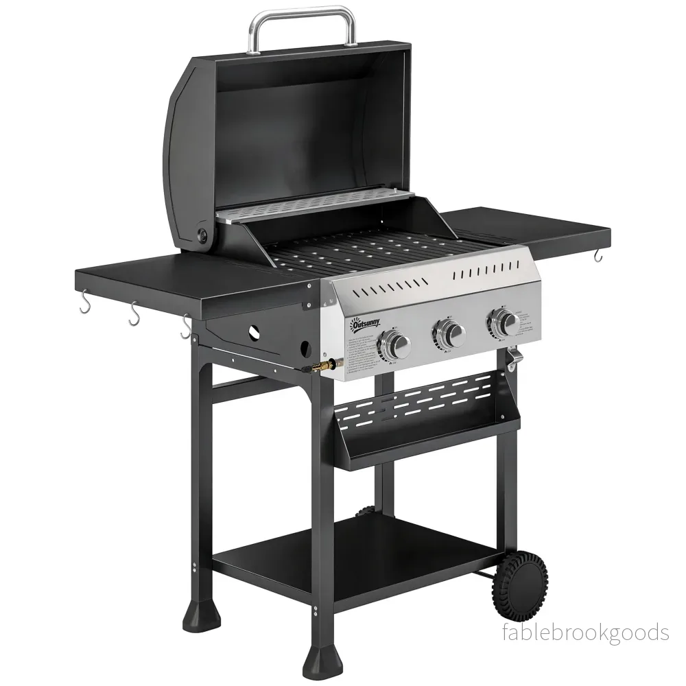 Gasgrill 9kW, 3 brännare, rostfritt stål, fällbara hyllor