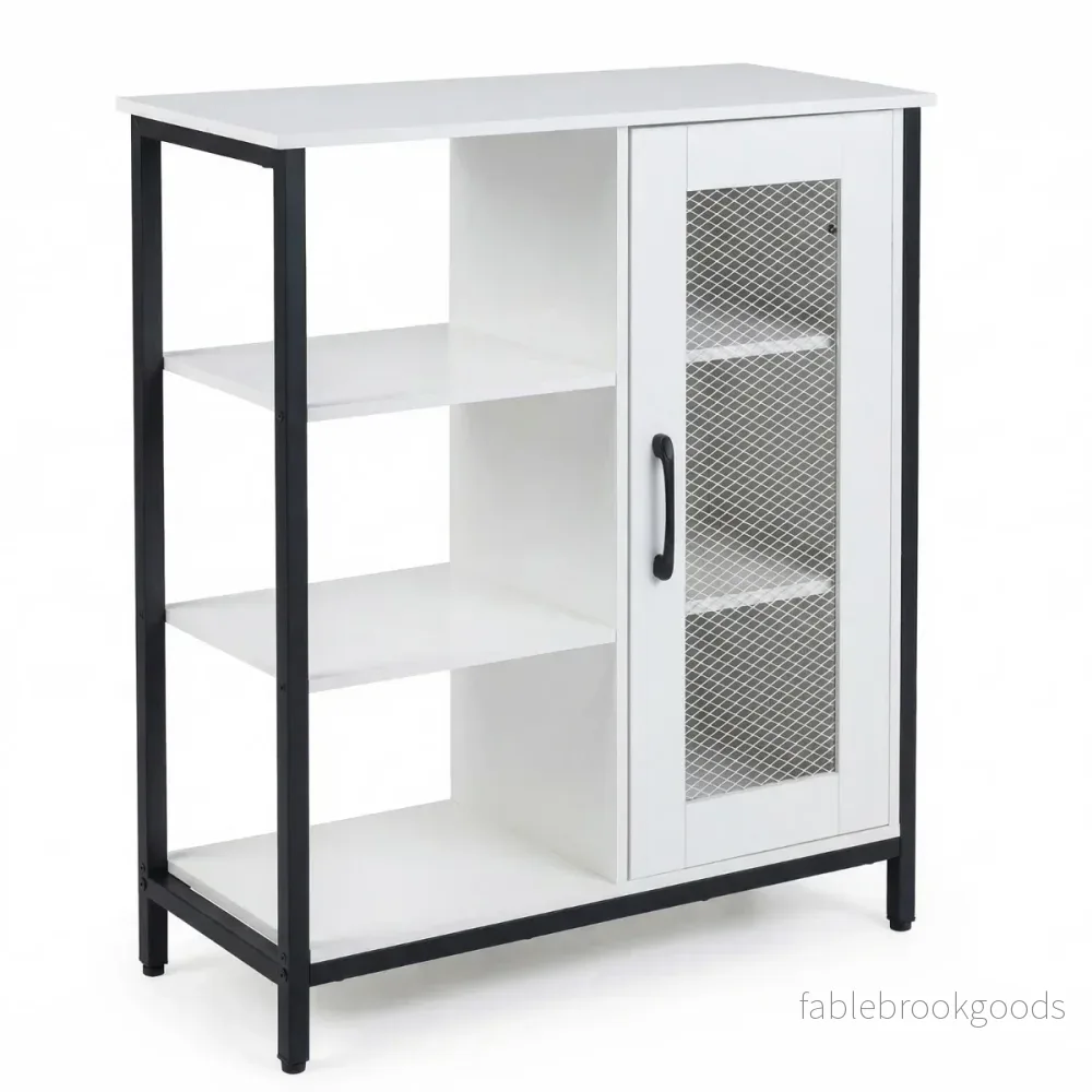 Trä – Sideboard Med Dörr och Justerbara Hyllor Köksskåp Vintage Buffetskåp – Vit