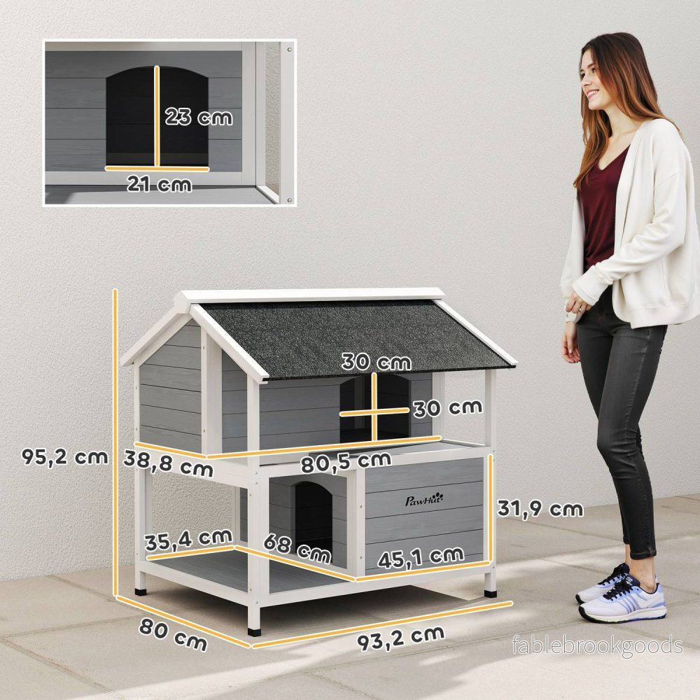 Katthus för utomhusbruk, vattentätt granträ, 2 våningar, 80x93x95 cm - Bild 3