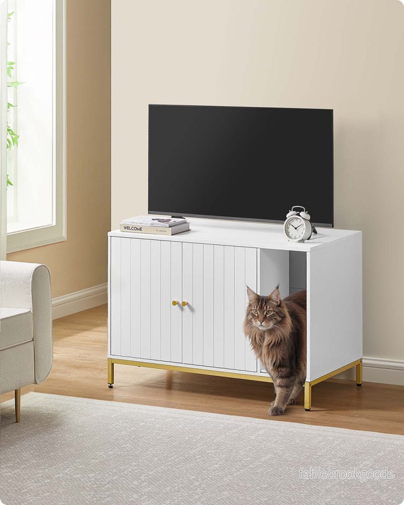 Kattsandskåp med skrapmatta – Platssparande – Vitt och guld - Bild 2