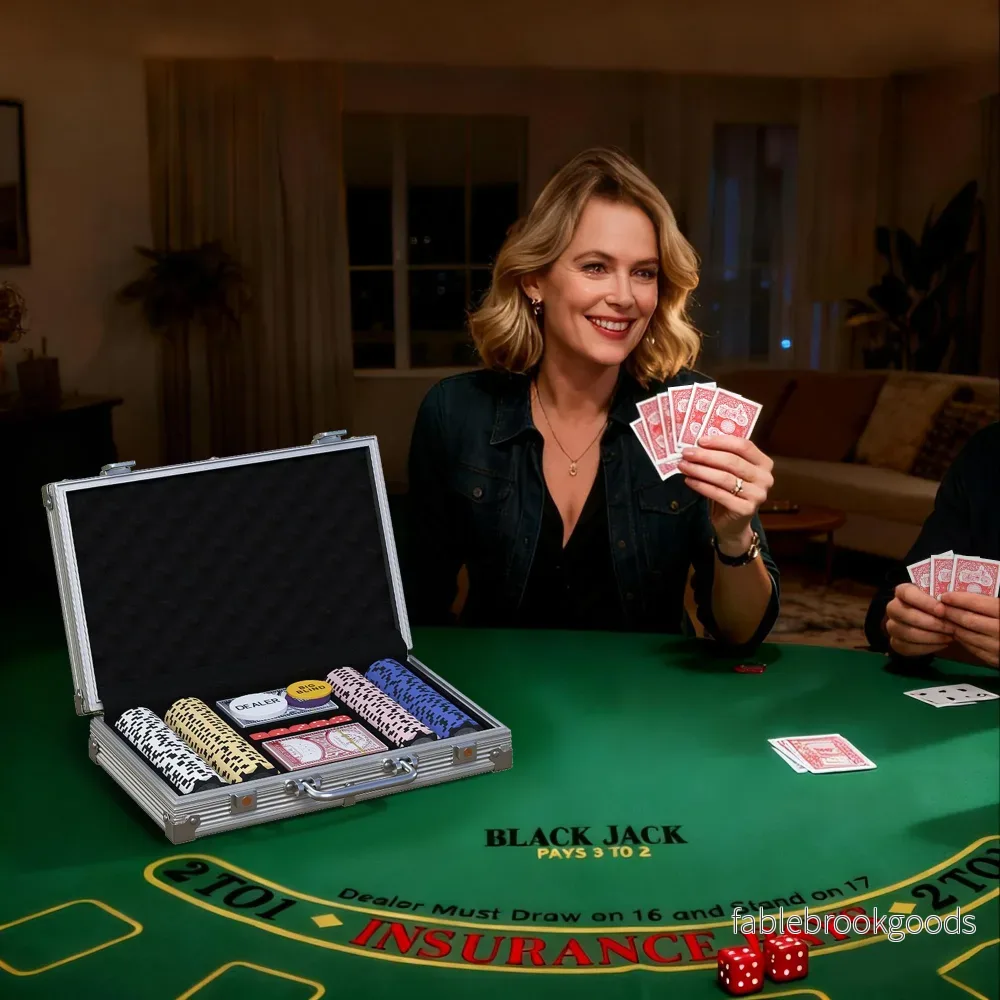 Pokerchipset med fodral, tärningar, dealerknapp, 2 kortlekar - Bild 2