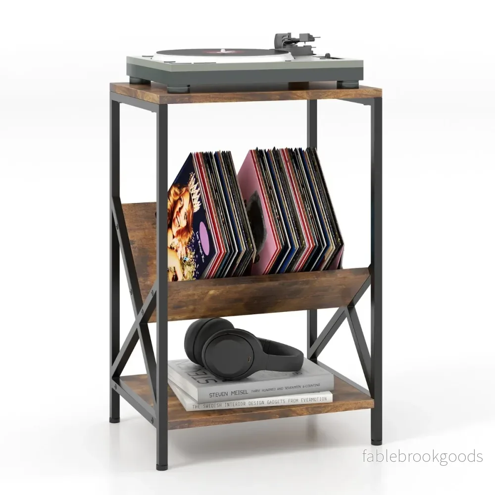 Sidobord – vånings med V formad tidskriftshållare – 3 40 x 30 x 61 cm – Rustik brun