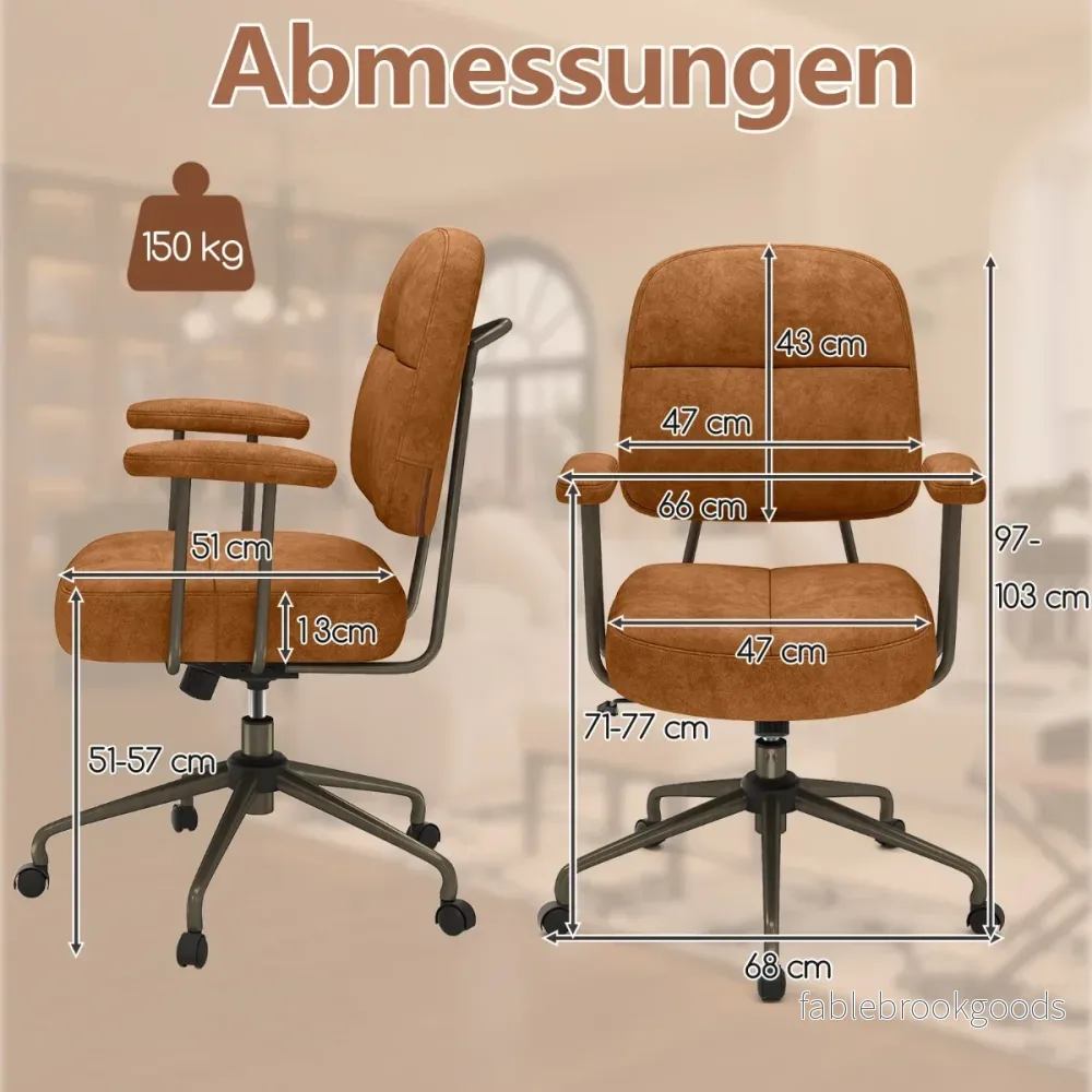 Ergonomisk – kontorsstol med armstöd och hjul, vadderad datorstol, höjdjusterbar – Brun - Bild 2