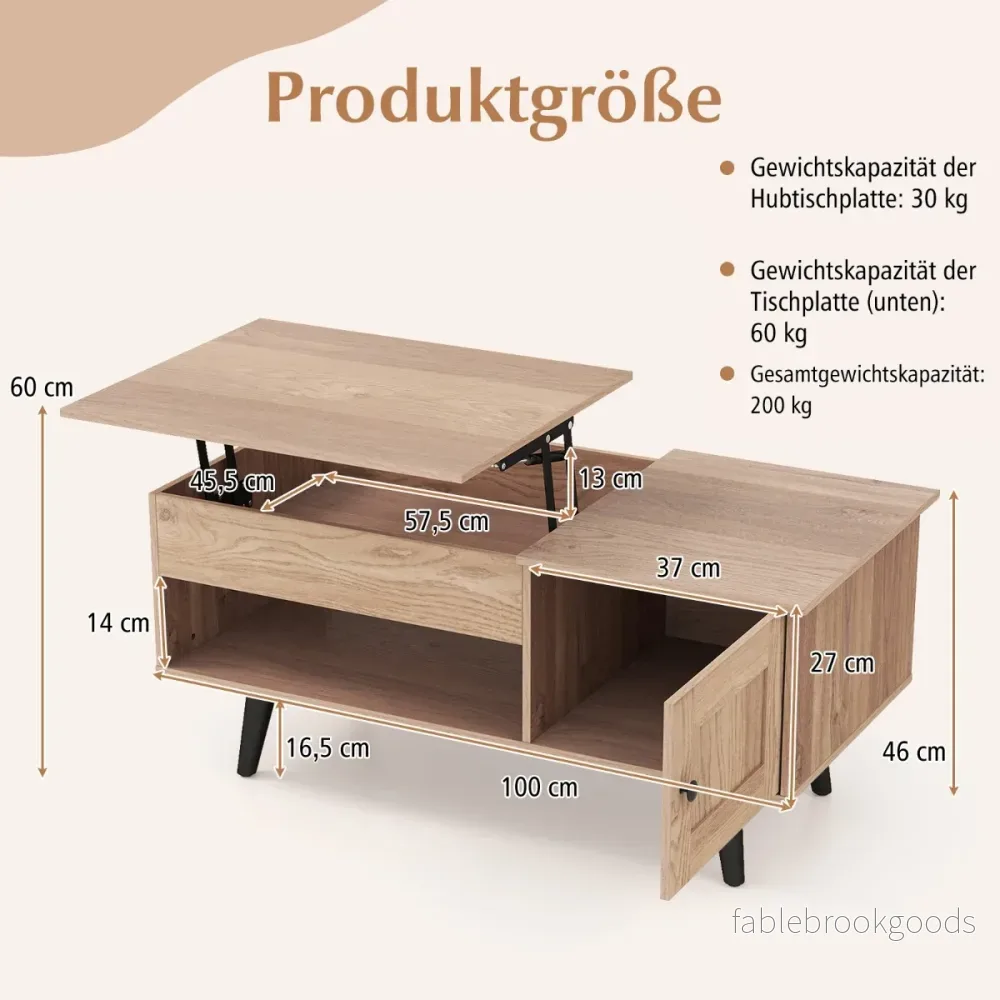 Soffbord – höjdjusterbart vardagsrumsbord sidobord med dolt fack – 100 x 50 x 46/60 cm – Natur - Bild 2