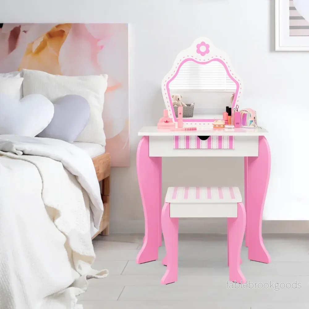 Sminkbord – och pallset för barn med spegel låda – 49 x 34 x 86,5 cm – Rosa - Bild 2