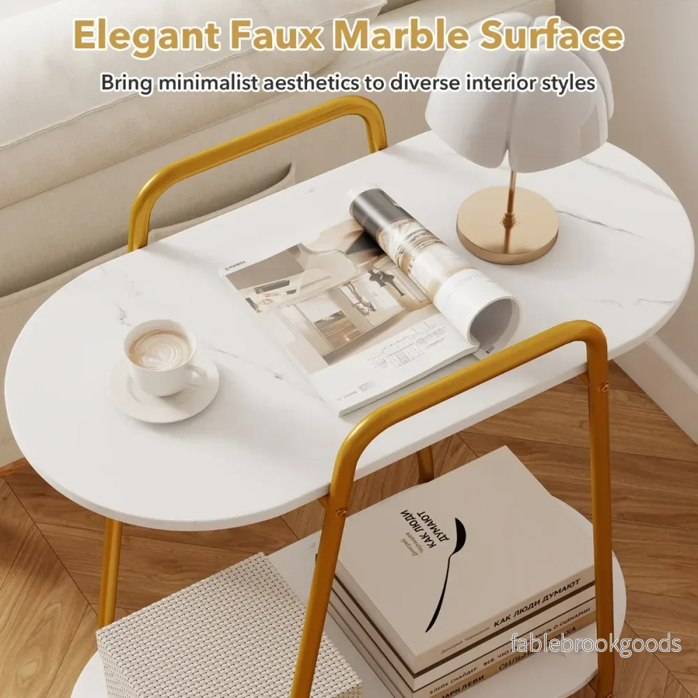 nivåers – rullbar sidobord modern mobilt sängbord med konstmarbletopp – 2 – Vit - Bild 3