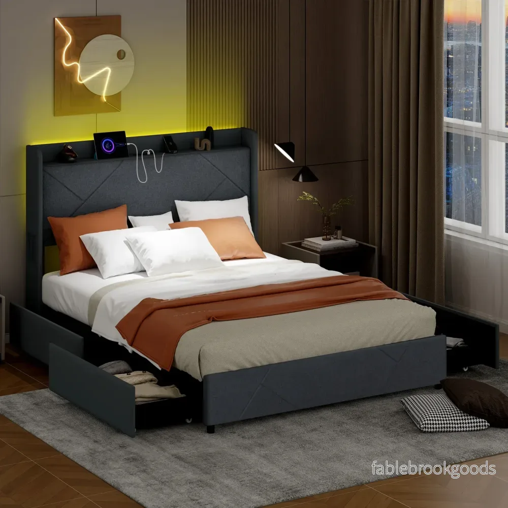 Dubbelsängsram – inklusive LED lampor, vadderad plattformssäng med laddstation, – 200 x 160 cm – Grå - Bild 3