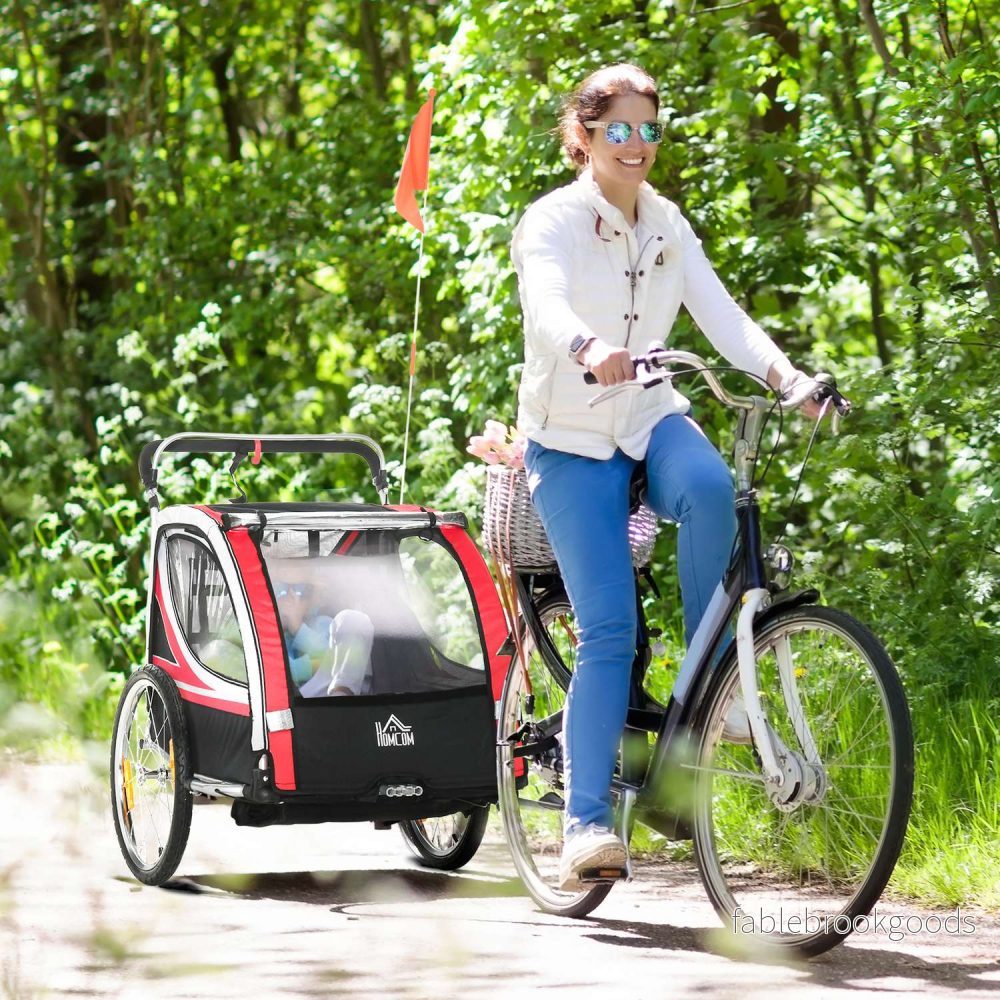 2-i-1 barncykelvagn med fjädring och broms, röd/svart - Bild 2