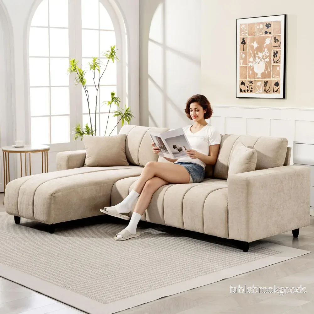 L-formad sektionssoffa, beige, 3-sits med schäslong och kuddar - Bild 2