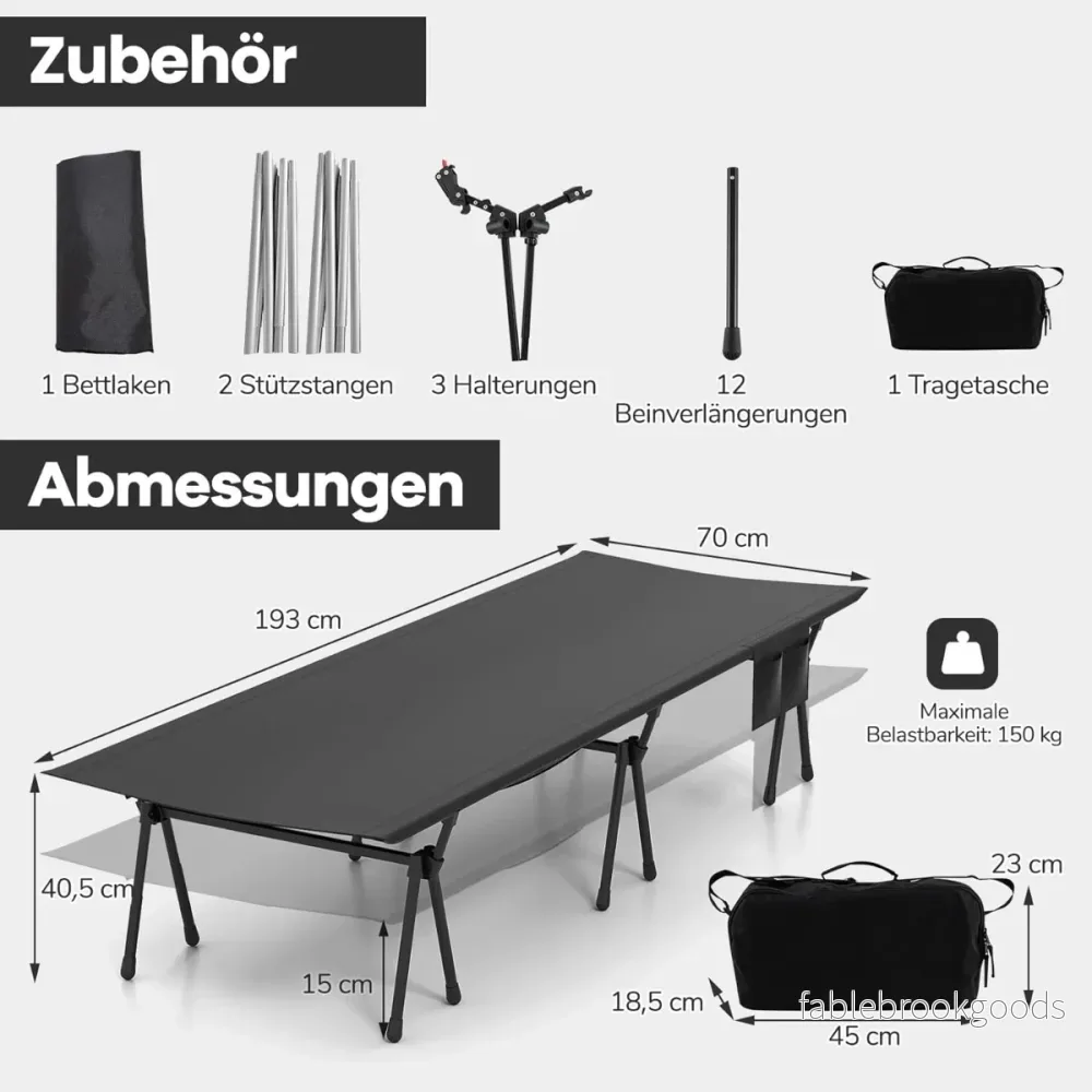 Höj – och sänkbart fältbädd campingbädd med benförlängningar sidoficka nätficka – Svart - Bild 2