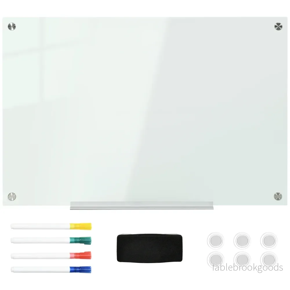 Whiteboard glastavla, staffli, hylla, 90x60Cm, 4 pennor
