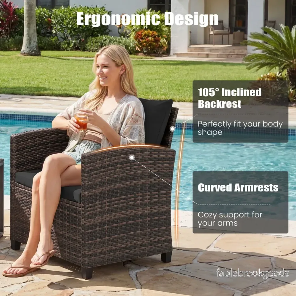 Rattan – Balkongset Inkl. Stolar Med Kudde och Bord I GlasUtomhus Sittinggrupp Balkongmöbler – 2 – Svart - Bild 3