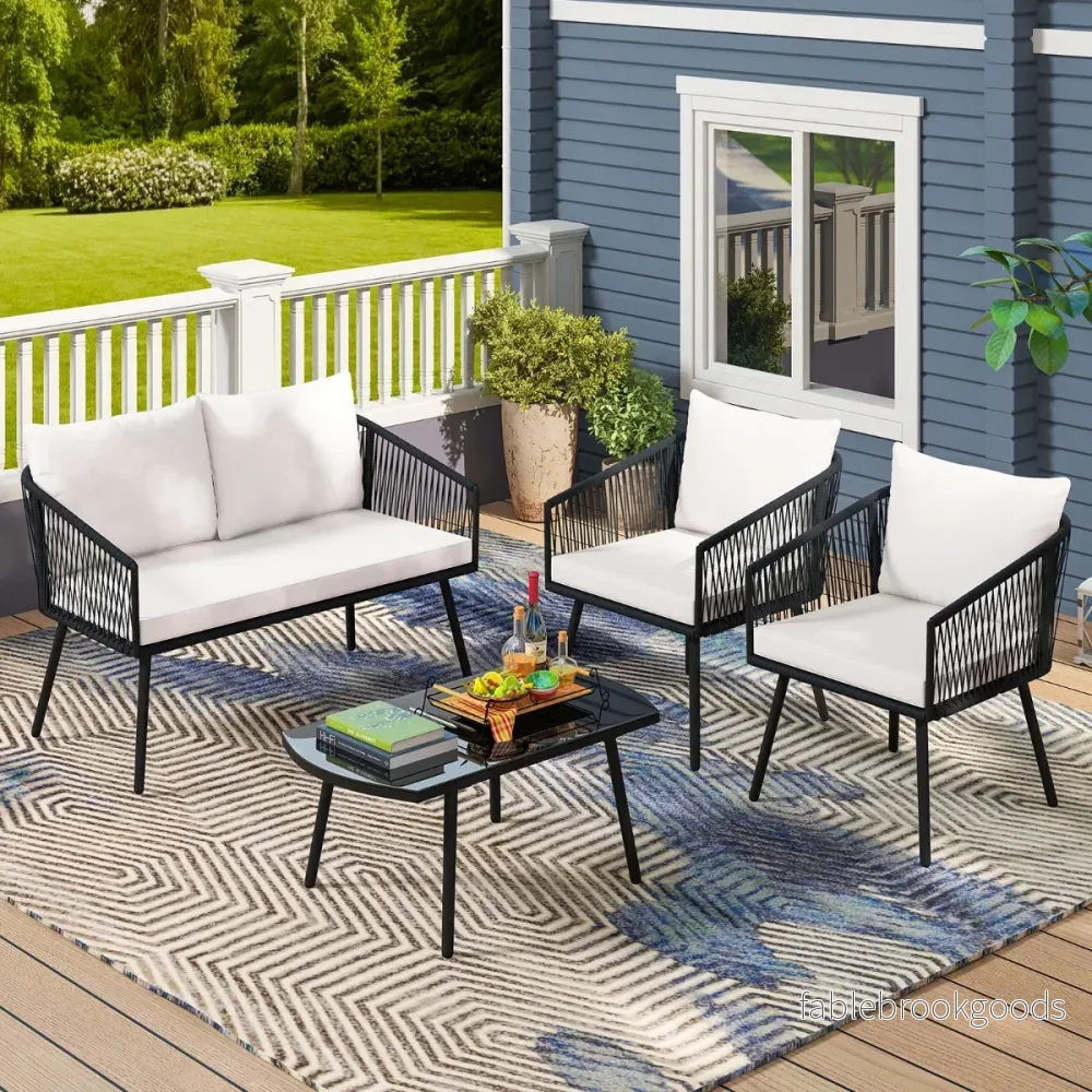 Rattan – Trädgårdsmöbler Set Balkongmöbler med sitt och ryggkuddar Terrassmöbler – Svart - Bild 3