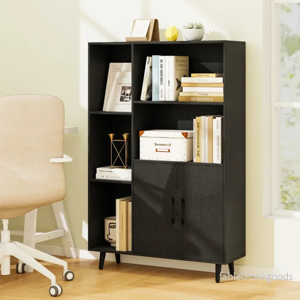 Bokhylla – med dörrar och öppna fack Stående Kontorshylla Sideboard – Svart - Bild 3