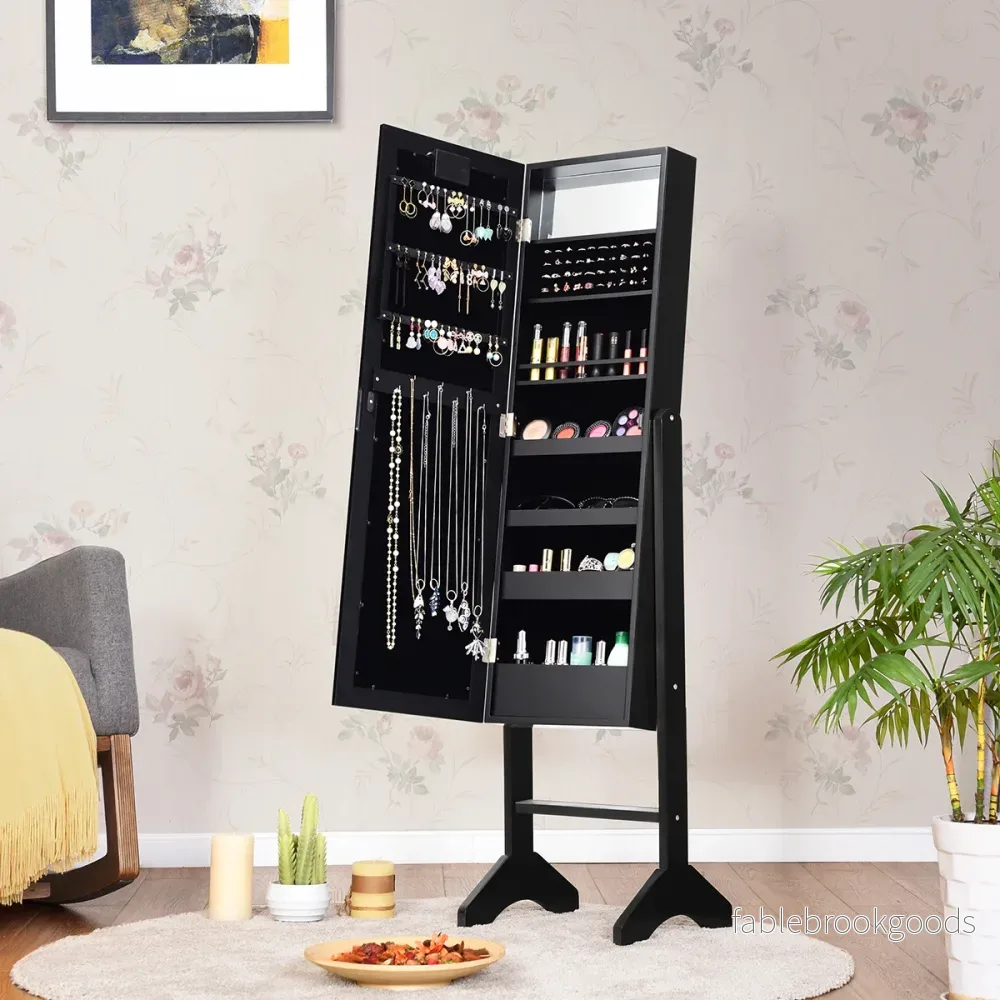 LED smyckesskåp – Lutning Justerbar Stående Design Smyckehylla med fullängdsspegel – 18 35 x 31,5 x 145 cm – Svart - Bild 3