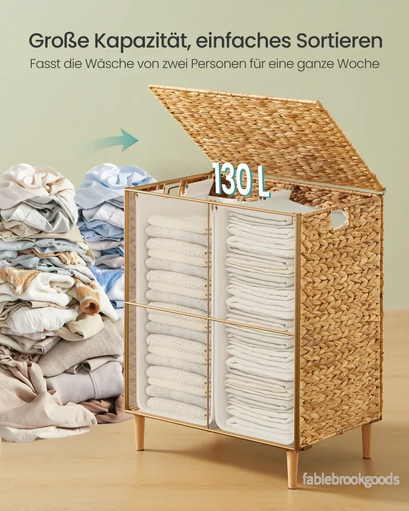 Wasmand - 56 x 40 x 70 cm - 130 liter - 2 compartimenten - natuurlijk gekleurd waterhyacint - uitneembare binnentas - machinewasbaar - handvatten van natuurlijk materiaal - maximaal 15 kg - Bild 3