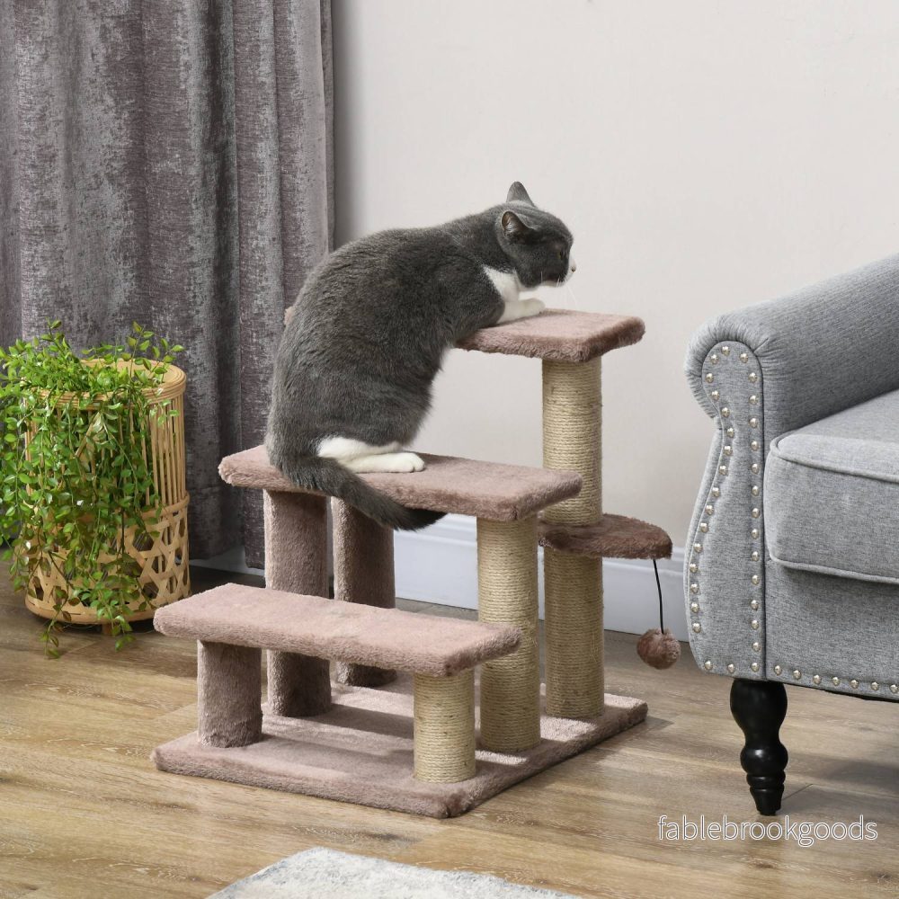 Katt- och hundtrappa, 3 steg med skrapstolpar, plyschbrun - Bild 2