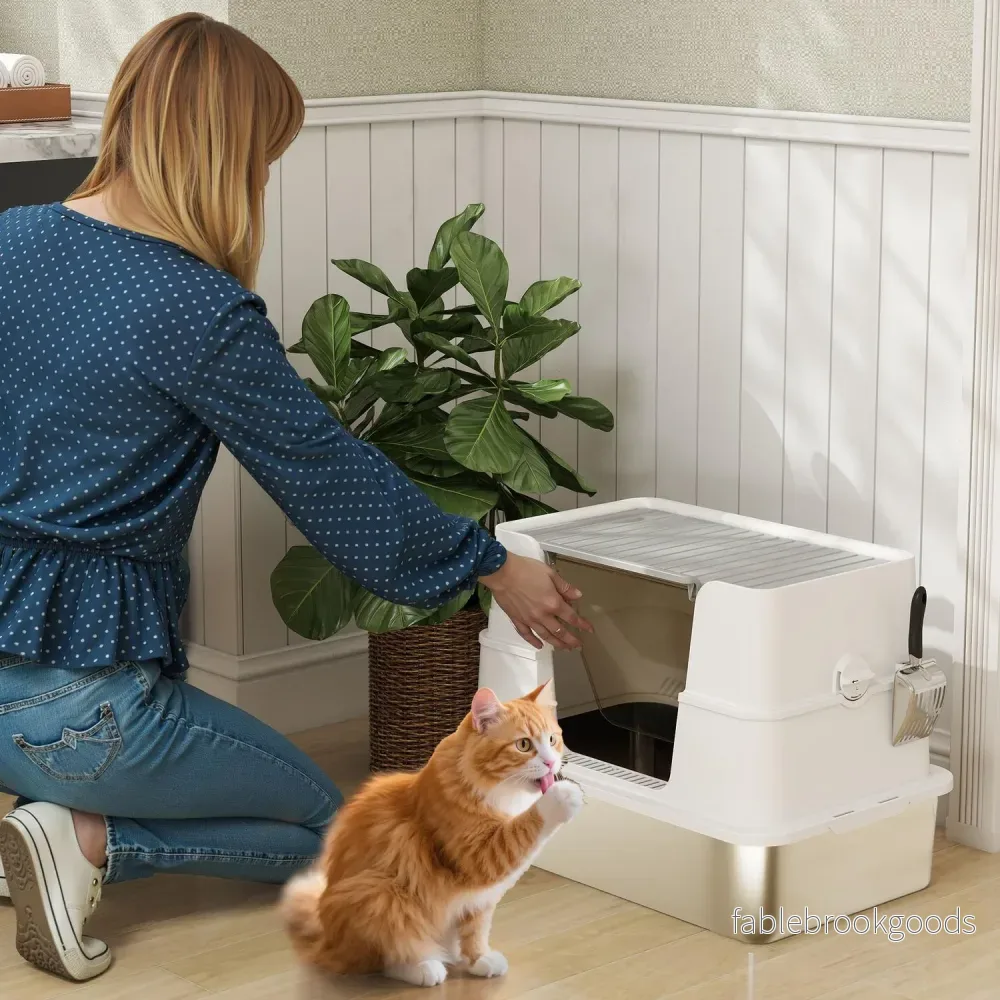 XL kattlåda i rostfritt stål, skopa ingår, ljusgrå - Bild 2