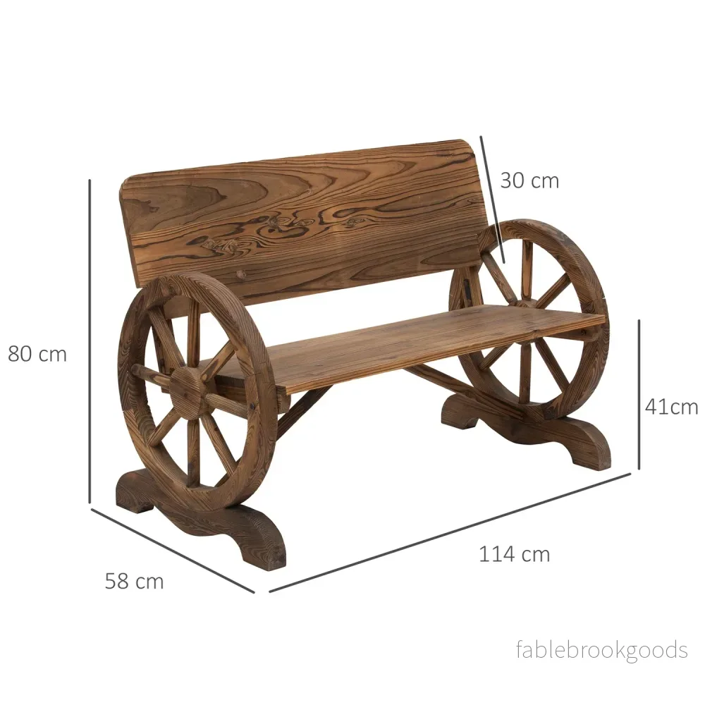 Rustik trädgårdsbänk i massivt trä, vagnhjul & armstöd - Bild 3