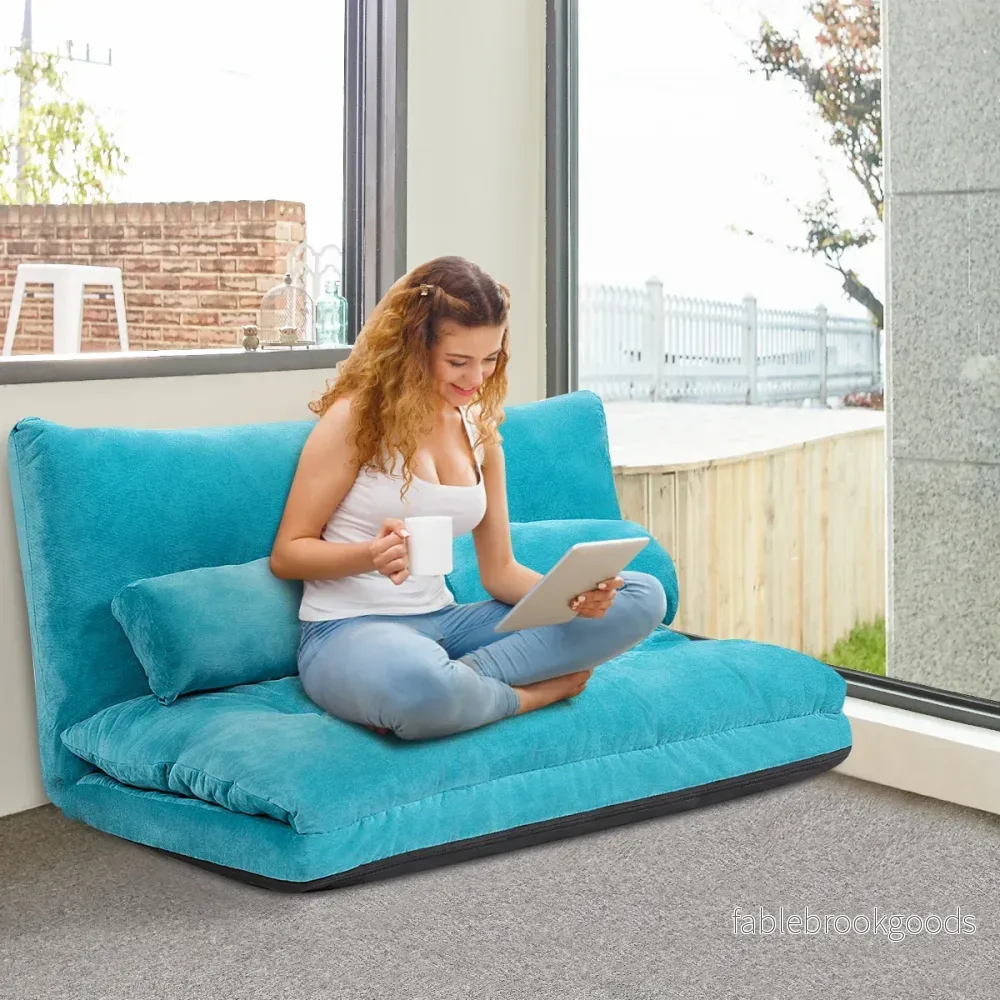 Ihopfällbar – Golvsoffa Sofa säng med Kudd och Ryggstöd steg Inställningsbar Golvfåtölj – 2 6 – Blå - Bild 3