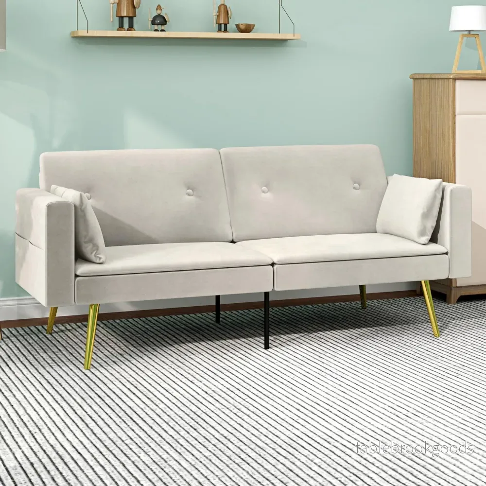 Beige bäddsoffa, 2-sits med justerbart ryggstöd & ficka - Bild 2